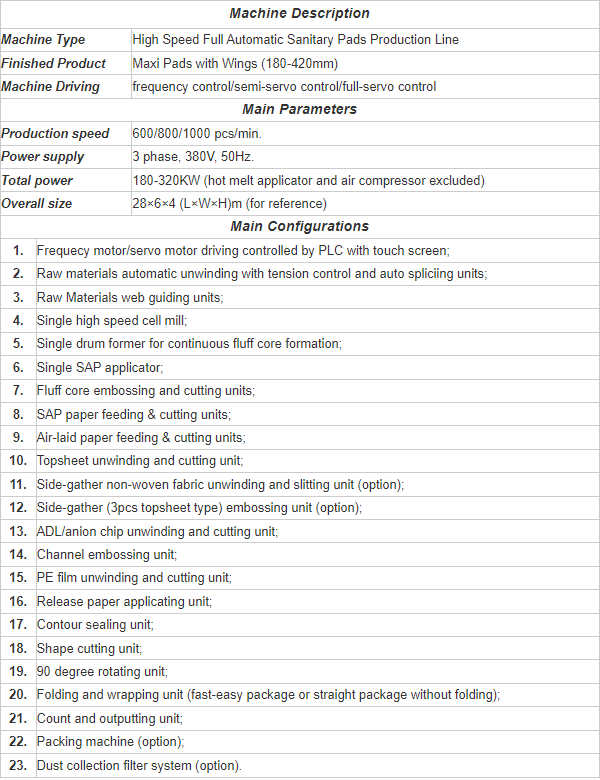 مواصفات آلة المناديل الصحية